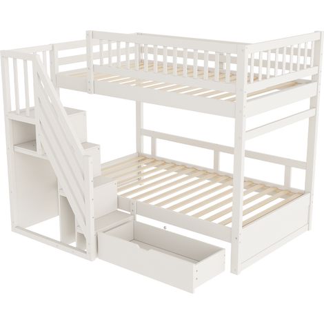 Lit superposé en bois massif 90200 cm, avec barrière de sécurité haute, sommier à lattes, escalier de sécurité avec rangement, tiroirs de rangement, lit enfant et ado, blanc (1/5)