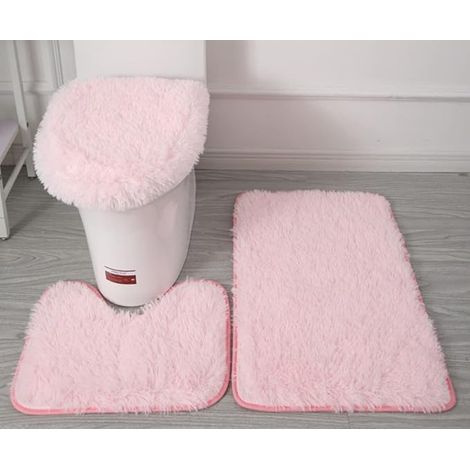 Ensemble de 3 tapis de toilette contour en microfibre douce - Antidérapants - Dos en flanelle PVC à picots - Tapis de bain + tapis de toilette contour + couvre-siège de toilette - Rose - RAPANDA