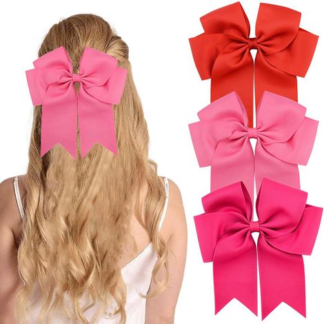 Pack of 3 Bow Hair Clips, Silky Satin Hair Bows Plain Bows Hairpin 15 cm Hair Clips Bow Women's French Hair Clips Accessories (Red, Pink, Rose) (1/5)