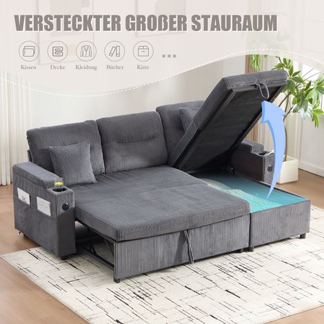 Canapé 3 places velours côtelé moderne, rangement intégré, porte-verres et port USB-C. Méridienne hydraulique, lit escamotable – élégant, confortable, chaleureux. (1/5)