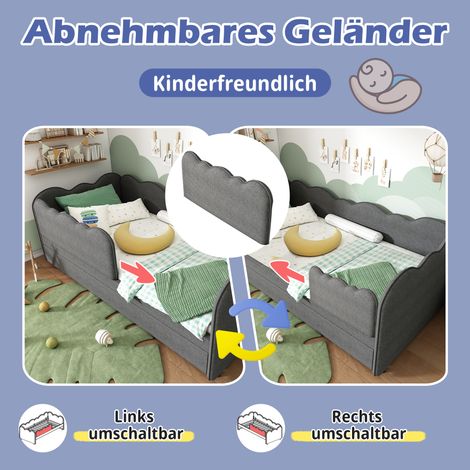 Lit de jour capitonné 90x190cm, canapé-lit avec lit gigogne 90x190cm, lit enfant à lattes, lin, gris, sans matelas (1/5)