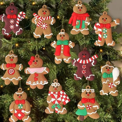 12 décorations de sapin de Noël en forme de bonhomme en pain d'épice - Décorations bonhomme en pain d'épice - Pendentifs décoratifs pour sapin de Noël - Ensemble de décorations de Noël pour enfants - (1/5)