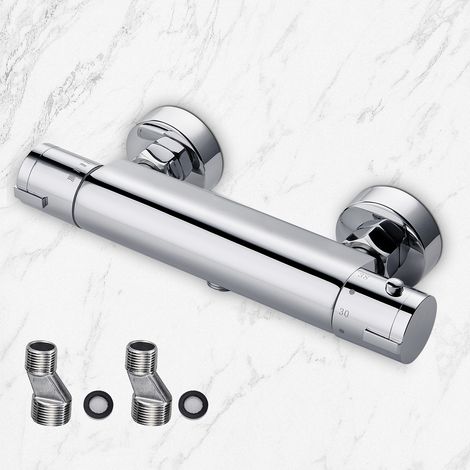 Mitigeur douche thermostatique chromé – Robinet mural avec sécurité 38°C, pour baignoire et douche, design rond salle de bain (1/5)