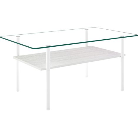 Mesa de centro moderna de vidrio templado con estante MDF y estructura metálica blanca (1/5)