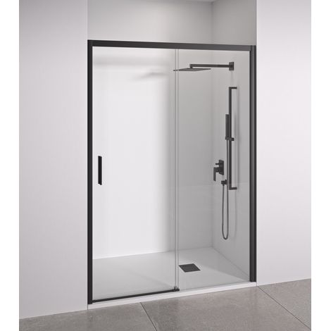 BELLOBATH – Schiebepanzer + feste vordere Duschscheibe – 6 mm Anti-Kalkschutz-gehärtetes Glas – Matt Schwarz – Anpassungsfähige Breite 140–145 cm