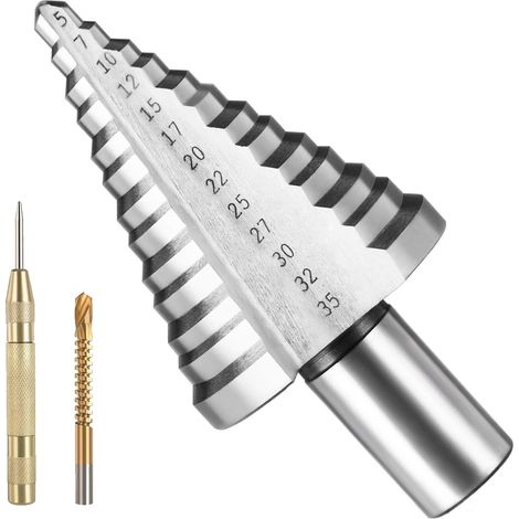 Foret Étagé Métal, Foret Fraise Meche Etage(5mm-35mm) avec Revêtement Titane Poinçon Central Automatique et Foret de Torsion Inclus pour Métal, Bois, Plastique, Laiton, Aluminium, PVC (1/5)