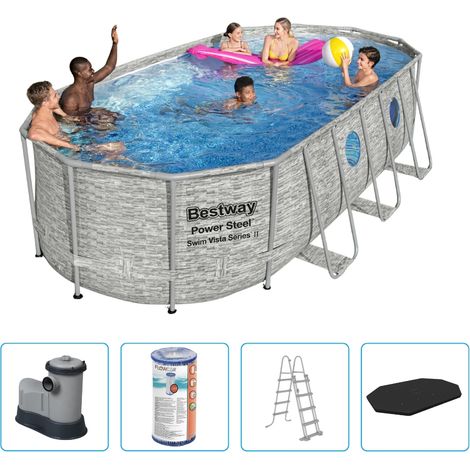 Piscine Bestway Power Steel Swim Vista - 549 x 274 x 122 cm - Imprimé pierre - Ovale - Avec pompe de filtration + accessoires (1/5)