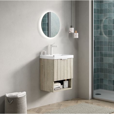 Mueble de baño suspendido 42 cm moderno con lavabo integrado de cerámica blanca, 2 puertas y estante abierto, roble crema (1/5)