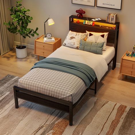 Letto in metallo 90x200 con contenitore, USB e LED, nero, OKWISH (1/5)