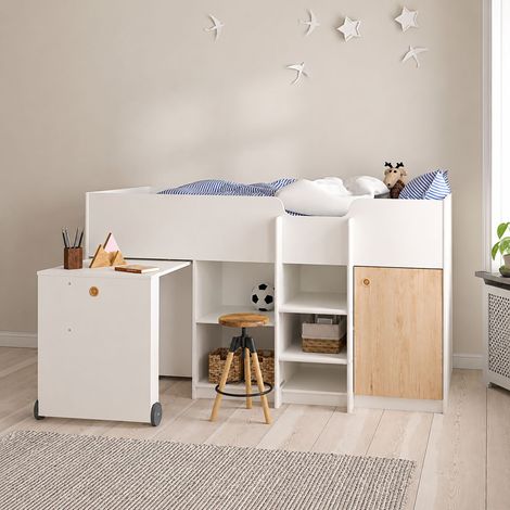 Schlafzimmer-Set Lamedani, Matratze 90x200 cm, ausziehbarer Schreibtisch, ein Bett, 203x104x111h cm Weiß (1/5)