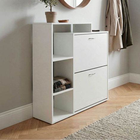 Meuble à chaussures 2 portes 3 niches 85x24x93 cm décor blanc (1/5)
