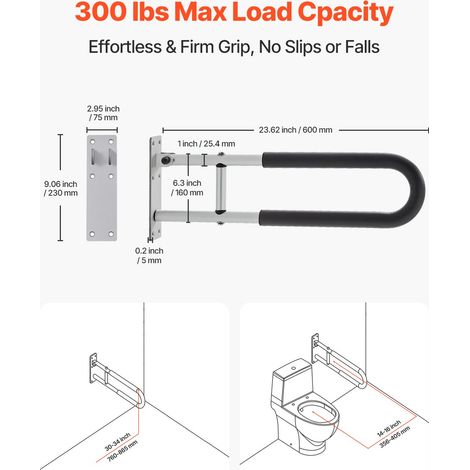 Barre d'Appui WC, 605 mm, Barre de Maintien Toilettes Pliable U, Rampe de Sécurité Rabattable avec Poignée Antidérapante, Capacité de Charge 136 kg, pour Handicapés, Personnes Âgées, Enceintes (1/5)