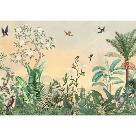 papier peint panoramique feuilles de la jungle tropicale et oiseaux de paradis vert et multicolore  - ESTAhome (1/4)