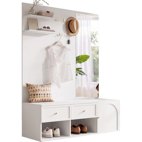 Garderobe d’entrée 6-en-1 avec miroir plein pied, 5 crochets, 2 tiroirs, placard et étagères, meuble mural blanc gain de place pour hall moderne – CHICFURN (1/5)