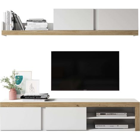 Mueble de salón Comedor Fly 2 módulos Color Blanco y Naturale Estilo Moderno almacenaje 200x180x40 cm (1/4)