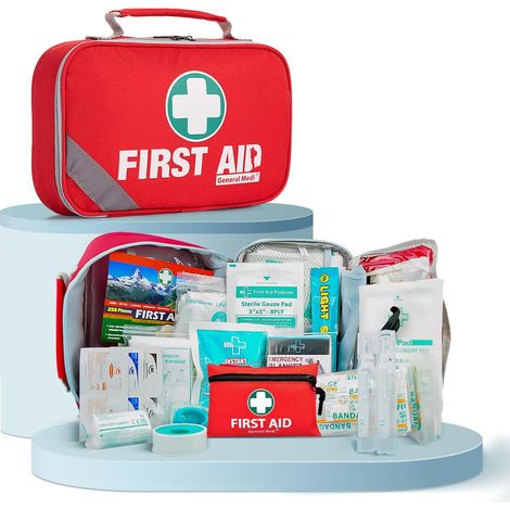 Trousse de premiers soins (215 pièces) + mini trousse de premiers soins de 43 pièces en prime pour la maison, la voiture, le camping, le bureau, le bateau et les voyages (Rouge) (1/5)