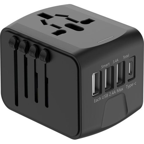 Adaptador de viaje internacional universal con 3 puertos USB y 1 puerto Tipo-C, 1500 W, enchufe francés para EE. UU., Canadá, Reino Unido, UE, Australia, China y Japón. (1/4)