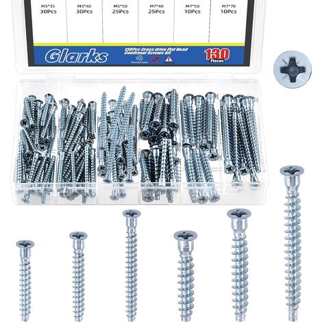 130pcs M5 x 35/40/50mm M7 x 40/50/70mm Kit de vis de confirmation de tête plat Pozi, vis auto-robinage croisée en acier au carbone plaqué zinc, vis de mobilier Pozi Drive (1/5)