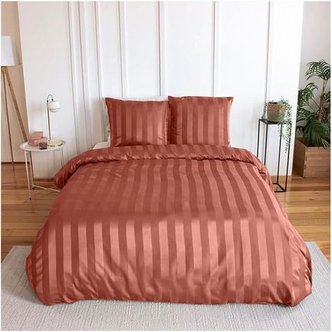 Parure de lit - CÔTÉ DÉCO - Housse de Couette 220x240 cm - 2 Taies 63x63 cm - Satiné - Terracotta rouge