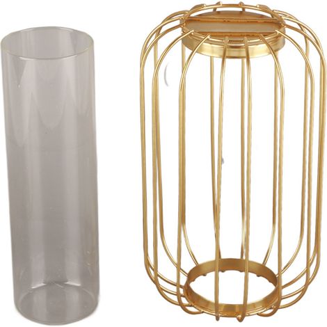 Vase de table en fer forgé doré champagne, forme lanterne scandinave, avec verre, pour fleurs artificielles ou séchées (1/5)