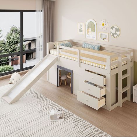 Letto a castello basso 90x200 cm in pino e MDF, crema, con scivolo e 3 cassetti (1/5)