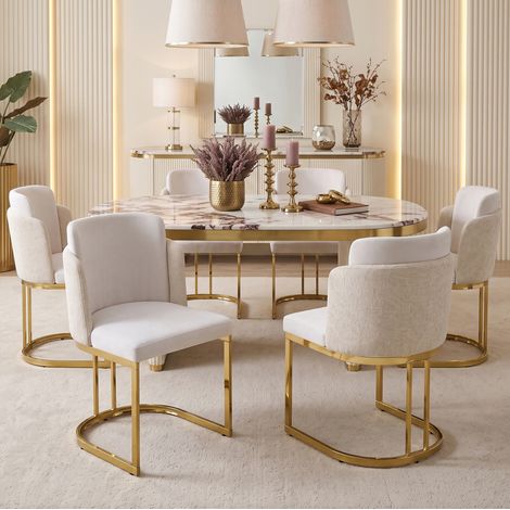 Chaises de salle à manger lot de 2 en chenille beige et or DESVIAE (1/5)