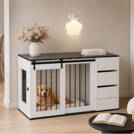 Jaula para perros interior mueble - 140 x 60 x 87 cm - caseta de madera metal para perros pequeños medianos mesa auxiliar con cajones - blanco encimera mármol negro (1/5)