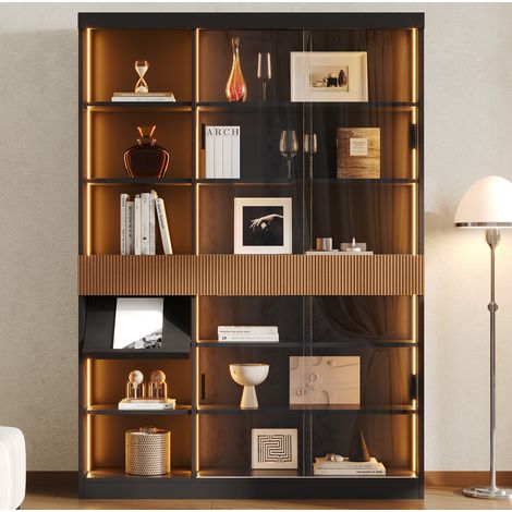 Vitrine 120 x 28,5 x 180 cm aus MDF und gehärtetem Glas, Schwarz/Braun, LED – MEUBLIV (1/5)