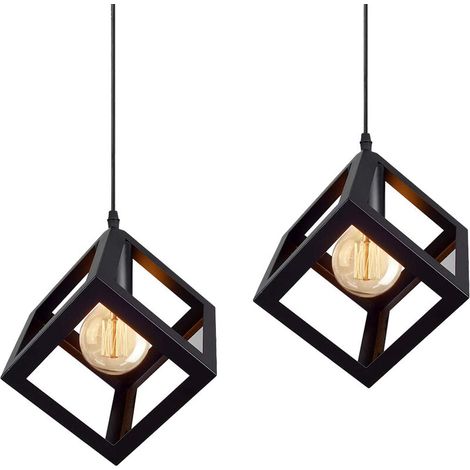 Lot de 2 Suspension Luminaire Moderne Lustre Forme Cube Lampe de Plafon de Style Géométrique en Métal E27 Plafonnier pour Chambre Salon Restaurant - 16CM, Noir BLOW (1/5)