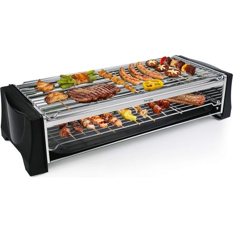 Barbecue Electrique de Table, BBQ Electrique Sans Fumée avec Espace Barbecue à Deux étages, Bac Collecteur, Thermostat Réglable, 2200 W, Noir (1/5)