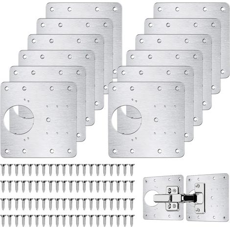 Plaque Reparation Charniere Porte, 12 Pieces Charniere Porte Placard, Reparation Charniere Meuble, Kit de Reparation Meuble en acier inoxydable avec 80 Vis (1/5)