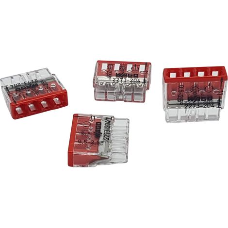 Bornes de raccordement compactes - Lot de 10 - Polymère transparent et rouge - Connexion Push Wire 4 voies - Pour câblage électrique domestique - Section 0,5 à 2,5 mm² (1/5)