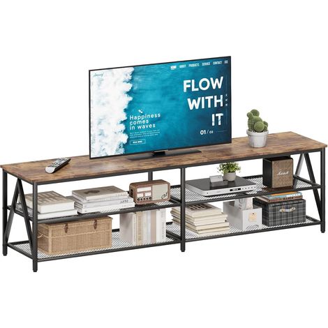 Table TV, meuble TV, meuble TV bas pour téléviseurs jusqu'à 65", meuble TV avec 3 compartiments ouverts, étagère TV design industriel, cadre en acier, 180 x 40 x 50 cm, marron (1/5)