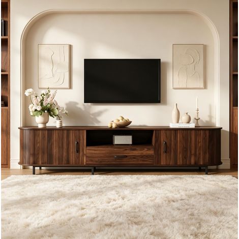 Meuble TV pour écran jusqu’à 75 pouces, 2 portes coulissantes, tiroir et niches, 180x40x45 cm, MDF noyer (1/5)