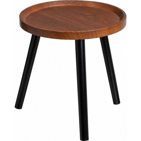 Table Basse Ronde en MDF Effet Noyer à Bord Surélevé et 3 Pieds en Pin Noir - Longueur 40 x Profondeur 40 x Hauteur 43 cm (1/4)