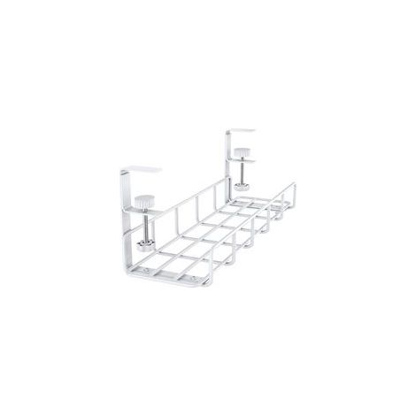 Le plateau métallique sous la table sert à organiser les câbles et les prises électriques (blanc). (1/5)