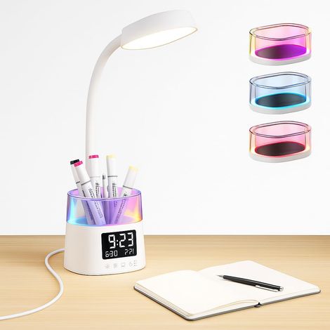 Lampe de Bureau avec Porte-Stylo & Lumières Ambiantes RGB, Lampe de Table à 3 Couleurs de Dimmable Stepless, Horloge & Minuterie & Lampe de Chevet Flexible 360°pour Étudiants (1/5)