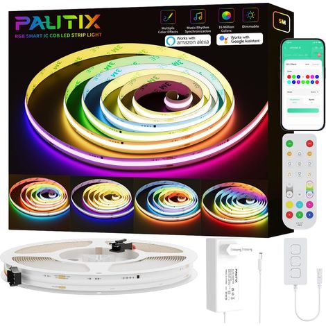 WIFI RGB Smart IC Strip LED COB 5M Kit, DC24V Pixels Color Changing Addressable Smart RGB LED Strip Light Work for Home Lighting Projects