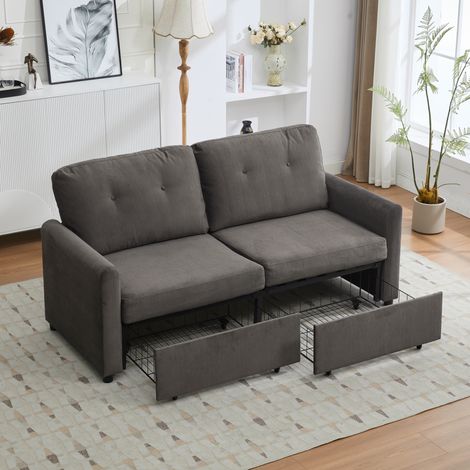 Canapé droit 2 places avec rangement, convenant au salon et à la chambre, 2 tiroirs à roulettes, polyester et mousse, gris foncé (1/5)