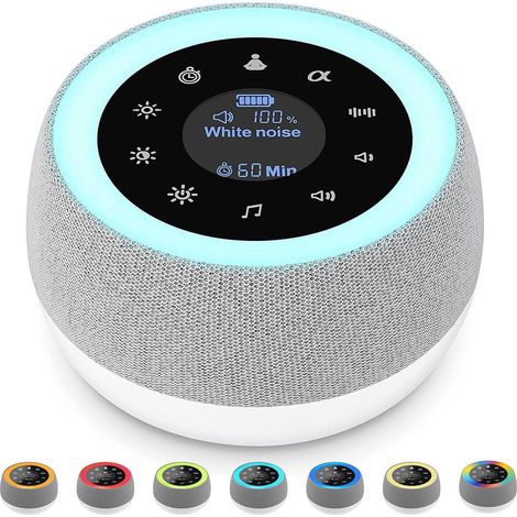 Machine à bruit blanc 2 en 1, avec veilleuse 7 couleurs, 32 sons apaisants, batterie intégrée et prise casque. Appareil portable idéal pour endormir bébé, adulte et pour la sonothérapie. (1/5)