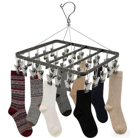 Étendoir à Linge en métal avec 36 Clips, Crochet Coupe-Vent, Pince à Linge Pliable pour Chaussettes, Soutien-Gorge, sous-vêtements (Noir) (1/5)