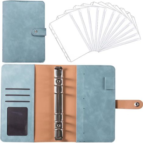 Classeur à anneaux avec couverture et 12 pochettes de reliure, système d'enveloppes pour budget personnel, classeur à anneaux 6 trous, cyan rétro (1/5)