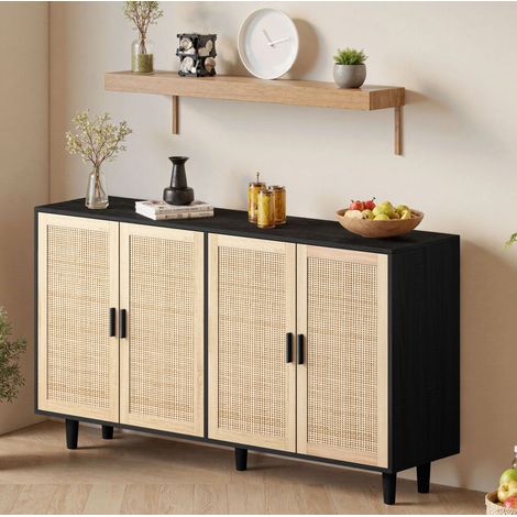 Armario de almacenaje 158x40x88 cm negro en tablero de partículas con puertas de ratán y estante ajustable (1/5)