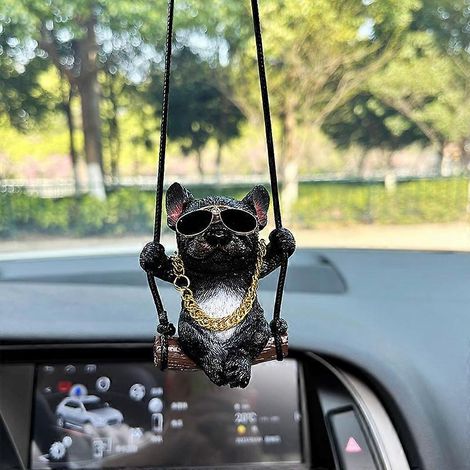 Décoration intérieure de voiture avec un adorable bouledogue suspendu en résine, accessoire pour rétroviseur automobile. (1/5)