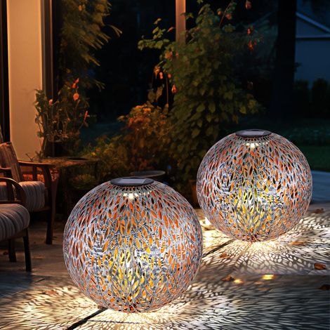 Globo – Boule lumineuse solaire d'extérieur – Métal argent antique or – IP44 – Éclairage blanc chaud 3000K – Lot de 2 – 27 x 38 cm (1/5)