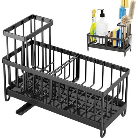 Rangement pour éponges - Organisateur d'évier avec porte-brosse - Porte-éponges de cuisine - Boîte de rangement - 24 cm x 16,5 cm x 10,2 cm - Noir - Convient pour le rangement de la cuisine (1/5)
