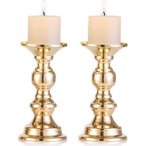 2 Pieces Gold Metal Pillar Candle Holders, Wedding, Candlestick Centerpieces for 50mm Candles with Stand Decoration Ideal for Weddings, Special Events, Parties