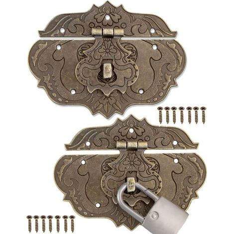 Lot de 2 fermetures antiques, design bronze fer, fermoirs de meubles, ferrures pour cadenas de rideaux, coffres et caisses, curseurs, 95 x 73 mm avec vis (1/5)