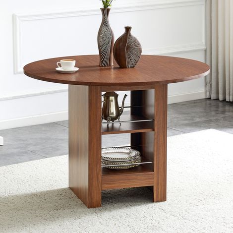 Runder Esstisch MDF Walnuss, Ø100x76 cm, mit offenen Stauraumfächern, für 4–6 Personen