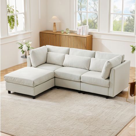 Ecksofa 220x83x81 cm Beige Leinen mit Fußhocker und losen Kissen (1/5)